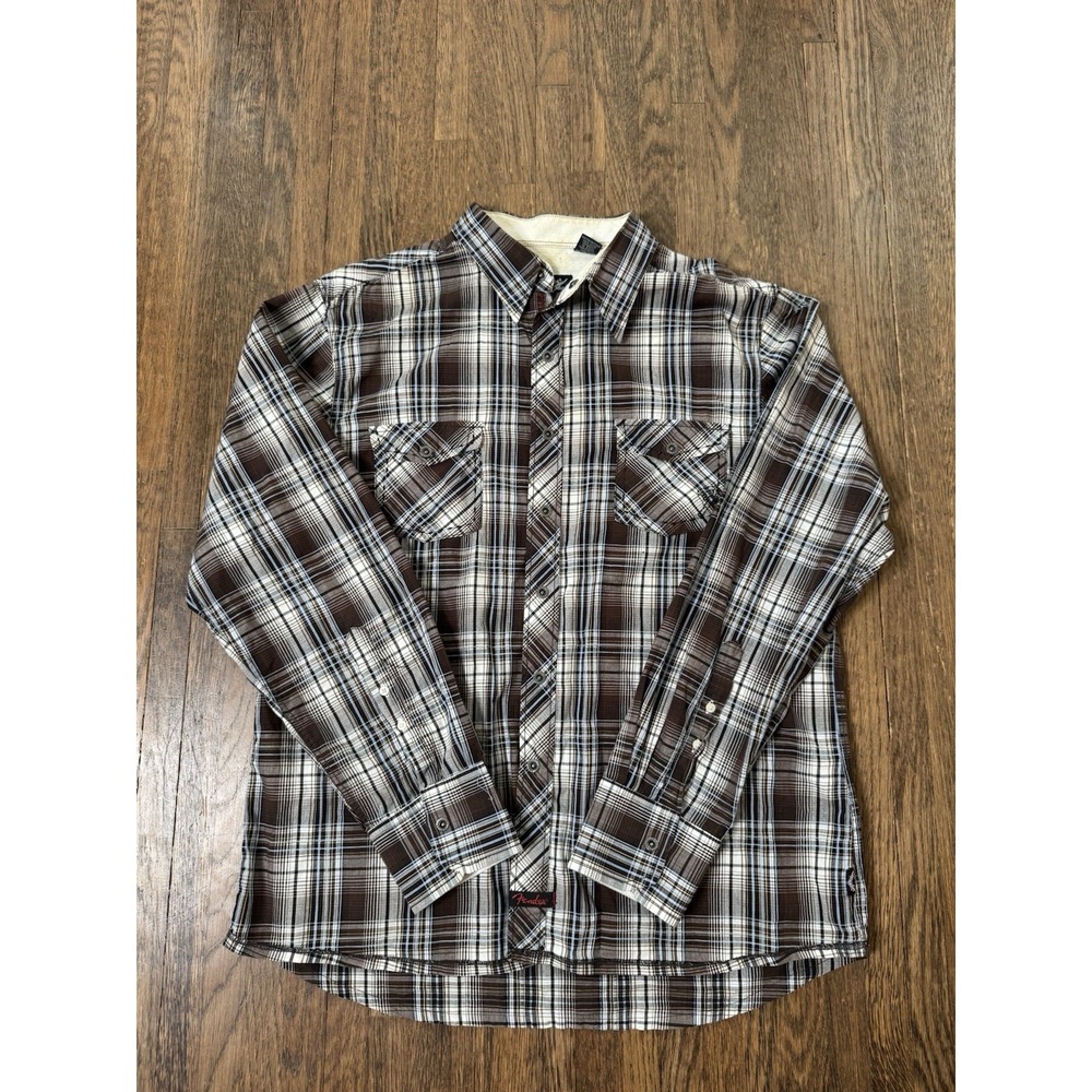 Fender Rock And Roll Religion Mens XXL Brown Plaid Snap Front Long Sleeve Shirt
